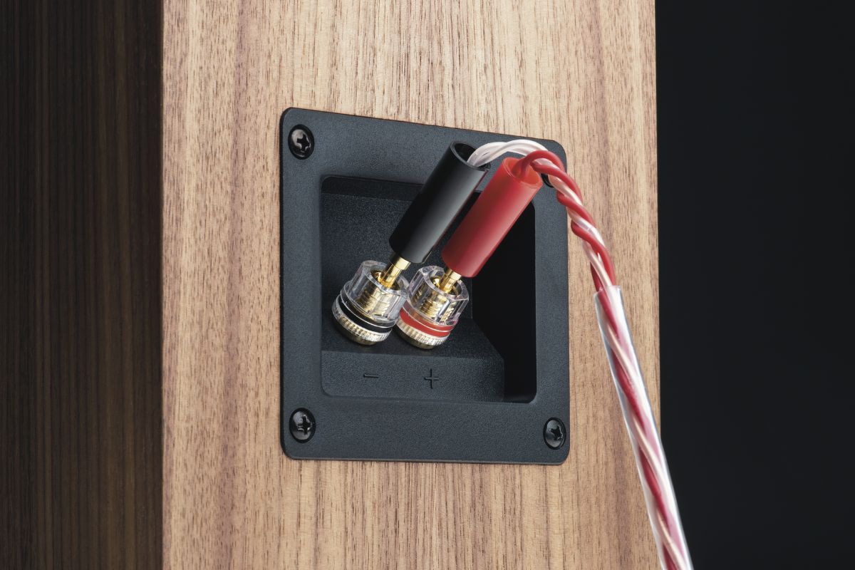 Rückseite eines braunen HiFi-Lautsprechers mit angeschlossenen hochwertigen Lautsprecherkabeln und Bassreflexöffnung